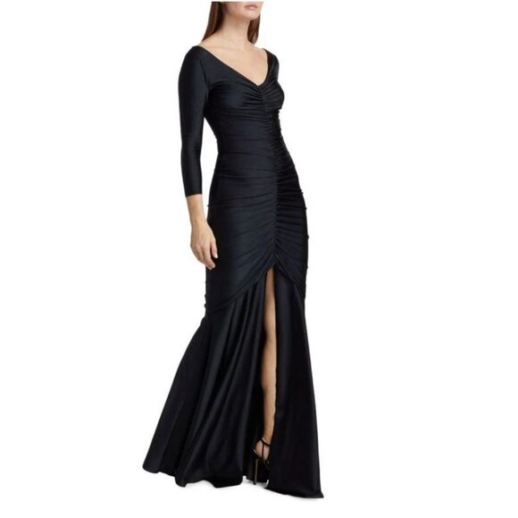 Chiara Boni La Petite Robe Ruched Front Slit Mermaid Gown Black 50 US 12 - Picture 4 of 16